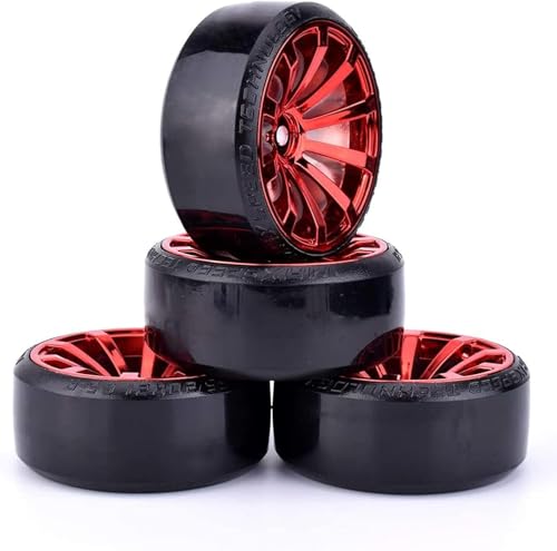 Hard Plastic 63mm Drift Car Tyres 12mm Wheels for 1/10th Scale HSP Tamiya HPI Kyosho TT02 Road Drift Car Hard Tyre Replacement, Set of 4 (Red) - color: Red