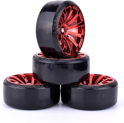 Hard Plastic 63mm Drift Car Tyres 12mm Wheels for 1/10th Scale HSP Tamiya HPI Kyosho TT02 Road Drift Car Hard Tyre Replacement, Set of 4 (Red) - color: Red