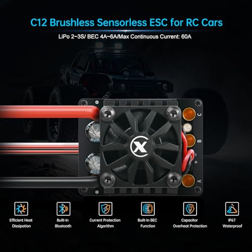 XC C12 Sensorless Brushless Motor ESC for RC Car, 2-3S Lipo,60A Continuous Current,4-6A、6.0/7.4V BEC,Applicable to 1/12 ON Road & Off Roads (XT60)