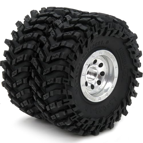 RC 64mm Tall 1.0 beadlock wheels tires, 1.0 Tires Tyres & Metal 1.0 wheels +1mm & -3mm offset Rims Silver For RC Mini Crawler Trail 1/24 SCX24 FMS24 FCX24 1/18 TRX4M