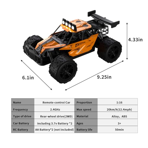 Remote Control Car Monster Truck Toys 1:16 Scale RC Car For Boys 2.4GHz High Speed 20 km/h With LED Headlights,Rechargeable RC Cars Gifts for Boys 4-7 8-12 Christmas, Beginner, Kids 6-12+ (Black) - color: Black