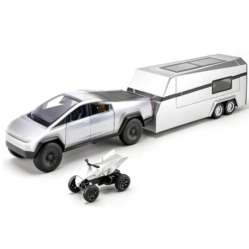 Cyber Style Truck Alloy Diecast Toys with Metal Trailer and Motorcycle Pull Back Pickup Model with Sound and Light Effect Race Car for Kid Adult Age for 3 Year Old and Up - color: Silver With Trailer