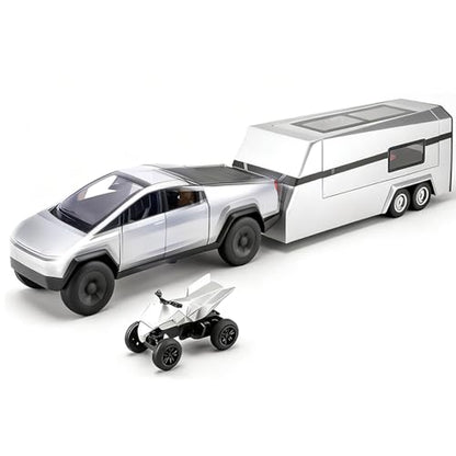 Cyber Style Truck Alloy Diecast Toys with Metal Trailer and Motorcycle Pull Back Pickup Model with Sound and Light Effect Race Car for Kid Adult Age for 3 Year Old and Up - color: Silver With Trailer