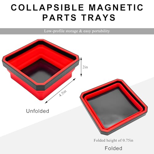 Collapsible Magnetic Parts Tray, 4.5 Inch Foldable Silicone Bowls with Double-Sided Magnetic Base, Parts Tray Organizer for Bolts Nuts Washers Pins Screws, Car Accessories (Red) - color: Red