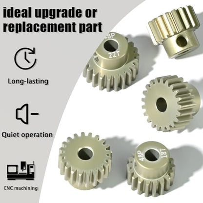 5Pcs 48P Aluminum Alloy Pinion Gear Set 3.175mm 18T 19T 20T 21T 22T Motor Pinion Gear W/ M4 Screw and Hex Key, Fit 3.175mm (1/8-Inch) Shaft, for Arrma HPI Kyosho Losi Axial Traxxas Tamiya 1/10 RC Car - size: 48P-P-3.175mm-18-22T