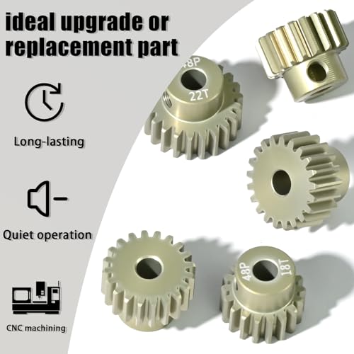 5Pcs 48P Aluminum Alloy Pinion Gear Set 3.175mm 18T 19T 20T 21T 22T Motor Pinion Gear W/ M4 Screw and Hex Key, Fit 3.175mm (1/8-Inch) Shaft, for Arrma HPI Kyosho Losi Axial Traxxas Tamiya 1/10 RC Car - size: 48P-P-3.175mm-18-22T