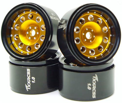 RC 1.0 Beadlock Wheels Offsets -2 Aluminum Rims for AX24 1/18 TRX4M All 1/24 Scale SCX24 Deadbolt RC Crawler Car Wheels Upgrades 4Pc (Golden & Black) - color: Golden & Black