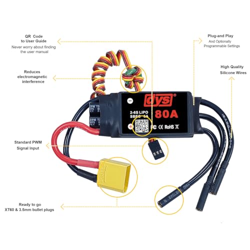 DYS 80A 2-6S Brushless ESC with 5V/6A SBEC with XT90 & 4.0mm Plug for RC Fixed-Wing Aircraft Helicopter - color: Dys 80a Esc