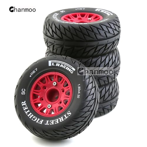 1/10 RC Short Course Truck Tires And Wheels With 12mm 14mm 17mm Hex 113mm 1/8 Rubber Tyres For 1/8 or 1/10 Scale On Road Car HSP Sonic 94102 GT PTG-2 Tamiya TT02 RC Racing Car 4PCS (Red B) - color: Red B