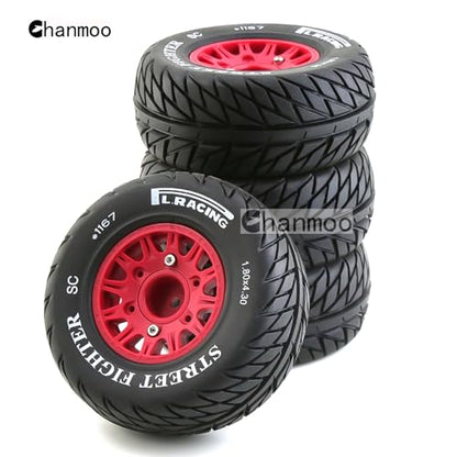 1/10 RC Short Course Truck Tires And Wheels With 12mm 14mm 17mm Hex 113mm 1/8 Rubber Tyres For 1/8 or 1/10 Scale On Road Car HSP Sonic 94102 GT PTG-2 Tamiya TT02 RC Racing Car 4PCS (Red B) - color: Red B