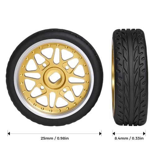 4Pcs 25mm Rc Drift Wheels & Logo Drift Car Tires for 1/24 1/28 Wltoys, [2N+2W] Aluminum Alloy Rims with High Grip Tires Simulated Tire Tread Racing Tyre for Mini-Q HGD1 Wltoys K969 K989 k929(Gold) - color: 3.gold