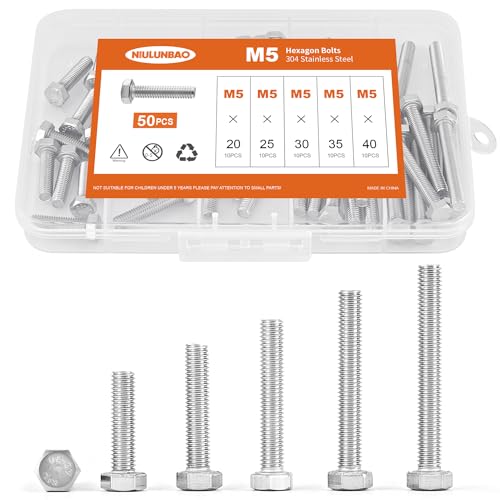 M5 x 20mm 25mm 30mm 35mm 40mm Heavy Duty Hexagon Bolts Hex Head Screws, 304 Stainless Steel, Metric Fully Thread, Machine, Bright Finish, Assortment Kit 50PCS - size: M5 x 20/25/30/35/40mm (50PCS)