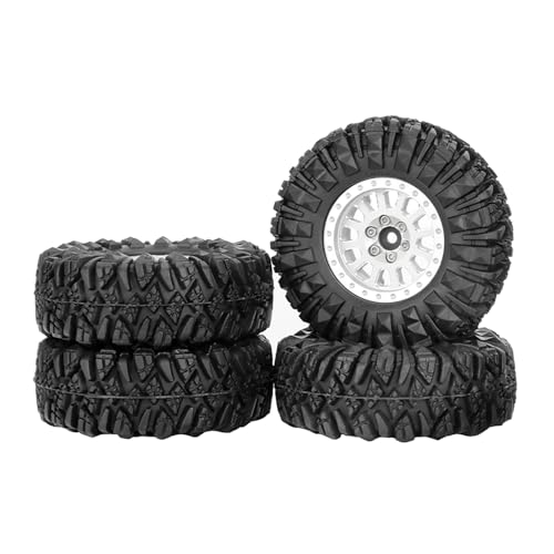 4PCS 1.3" Aluminum Alloy Beadlock Wheel Rims All-Terrain Tyre 70mm Rubber Tires Set with 5mm & 7mm Hex for 1/12 1/14 1/18 1/24 RC Rock Crawler Car Upgrade Parts (D-Silver) - color: D-silver