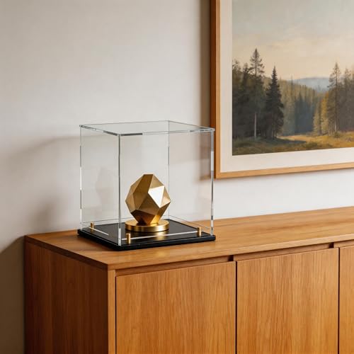 Acrylic Display Case with Raised Shelf, Clear Display Box with Black Base & Gold Standoffs, Dustproof Showcase for Collectibles, Figures, Model Cars – Easy Assembly (11×11×11 Inch) - size: 11"L x 11"W x 11"H