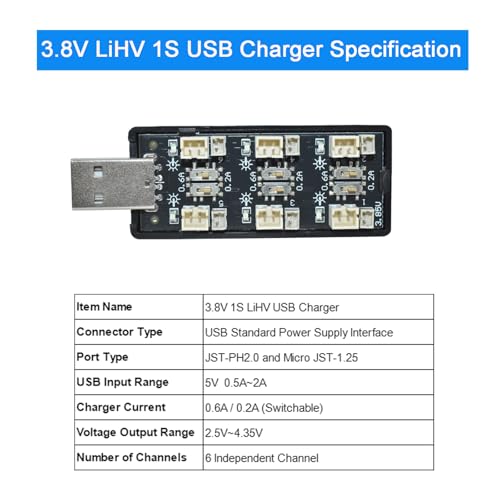 1S LiPo Battery USB Charger 3.8V/4.35V, 6-Channel LiHV High Voltage Charger for Tiny Whoop EMAX Tinyhawk Battery, DIY Projects, JST-PH2.0 and JST-1.25 Connectors