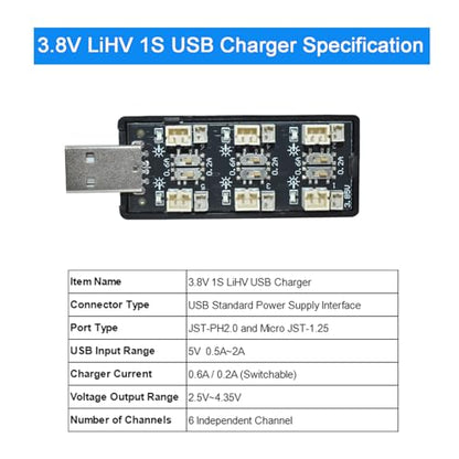 1S LiPo Battery USB Charger 3.8V/4.35V, 6-Channel LiHV High Voltage Charger for Tiny Whoop EMAX Tinyhawk Battery, DIY Projects, JST-PH2.0 and JST-1.25 Connectors