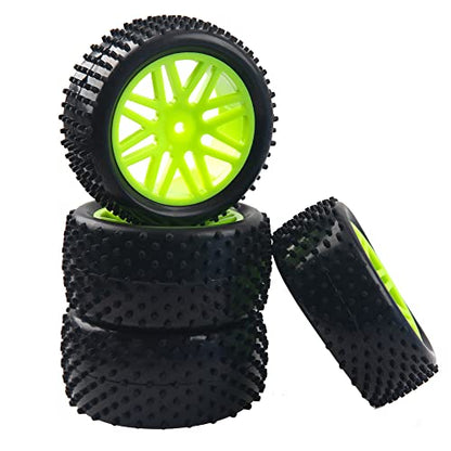16-Spoke OD 86mm/3.38'' 16-Spoke 12mm Hex Hub Wheel Rims & Rubber Tires Compatible with Redcat Tornado HPI HSP Kyosho Losi 1/10 Scale Off Road Buggy (Green) - color: Green