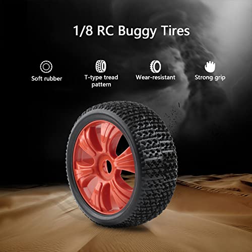 1/8 Buggy Tires and Wheels 17mm Hex with Adapters - 114mm OD Off-Road RC Tires Compatible with Arrma Typhon, Traxxas, Redcat, HSP - Includes Nuts & Wrench (Red) - color: Red 6 Spokes