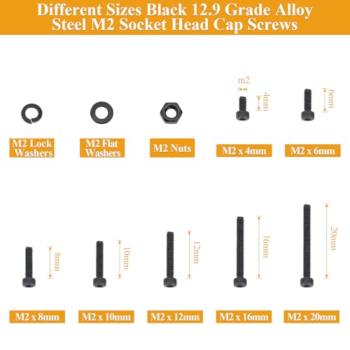 565 Pieces M2 Screws Nuts Washers Set Black, Sutemribor M2 x 4/6/8/10/12/16/20mm Hex Socket Head Cap Screws Nuts Washers Assortment Kit, 12.9 Grade Alloy Steel, Fully Threaded - size: M2, style: Socket Head