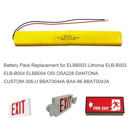 BBAT0043A Ni-Cd 9.6V 900mAh Emergency Light Lighting Fixture Battery Compatible with ELBB003 ELB-B003 ELB-B004 ELBB004 OSI OSA228 DANTONA CUSTOM-306-U BBAT0044A BAA-96 (2 Pack) - size: 2 Pack