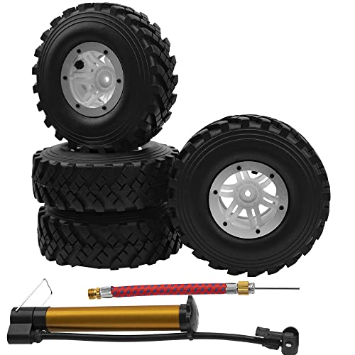 2.2" Rubber Tires Inflatable OD128mm & 12mm Hex Hub Plastic Beadlock Wheel Rims Super Grip Tyers Compatible with 1/10 Axial Tamiya Redcat RC Crawlers Truck (Silver)