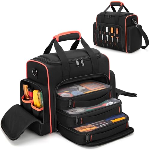 Marscamd Tool Bag with 3 Removable Cases, 2 Layers Tool Tote for Hand Tools | with Front Molle Straps & Detachable Shoulder Strap, Black with Red Binding - color: Black with Red Binding