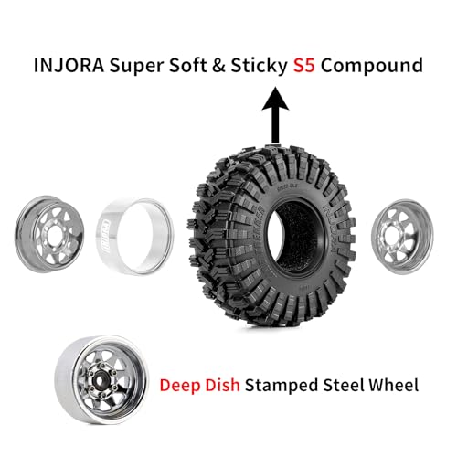 INJORA 1.0 Beadlock Wheel Tires Set -3.78mm Offset for 1/18 1/24 RC, Silver - color: Silver