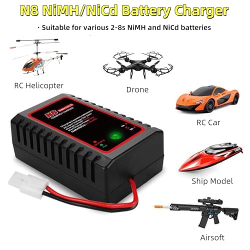 N8 NiMH NiCd Battery Charger for 2-8s Battery Packs, 1A/2A Smart RC Charger with Tamiya Connector & Alligator Clips for RC Cars, Ship Model, Drones, Airsoft