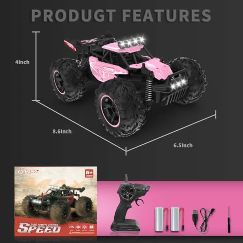 Carox Remote Control Car, 2.4GHz 25KM/H High Speed RC Car, 1:18 Off-Road Monster Truck with LED Lights Rechargeable Battery – Ideal Gift for Boys 6+ - color: Pink