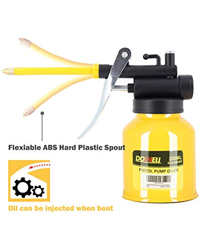 DOWELL Pistol Pump Oiler Metal Oil Can Lubrication Oil Gun 6.8oz 200ml Can Bottle with Straight Flexible Spout Yellow HY050203 - size: 6.8 oz