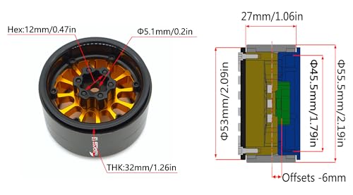 152g Super Heavy Duty RC 1.9 Beadlock Wheels Offsets -6mm Rims Hex 12mm Wheel for TRX4 TRX6 SCX10 Gen8 1/10 RC Crawler Remote Control Car Upgrades Accessories (Gold Black) - color: Gold Black