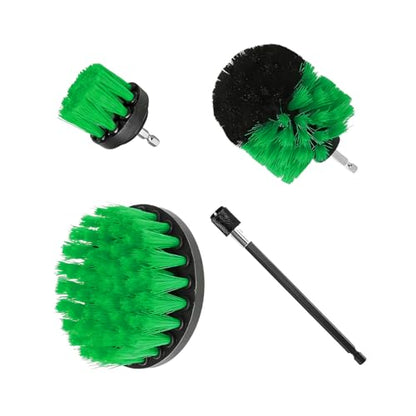 4PCS Drill Brush Attachment Kit with Extension Rod, Green | PP bristles with steel shafts, three brush sizes, quick-change extension rod, follows curved surfaces, compact storage - color: Green