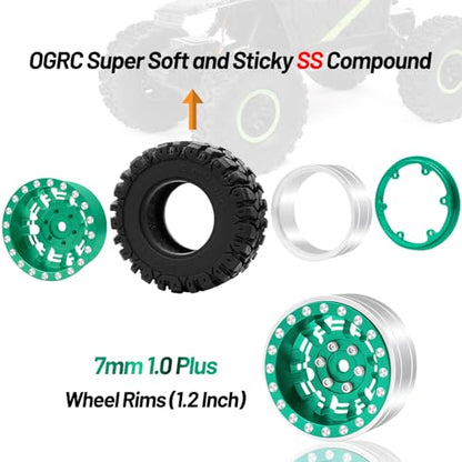 OGRC 1.0 Plus (1.2 Inches) Beadlock Wheels 7mm Negative Offset Wheel Rims Super Soft Sticky Tires for TRX4M SCX24 FCX24 AX24 1/24 1/18 RC Crawler Car - 62 * 24mm (Dark Green) - color: Dark Green