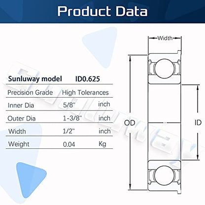 10 Pack Flanged Ball Bearings 5/8" x 1-3/8" x 1/2", Pre Lubricated, for Lawn Mower, Wheelbarrows, Carts & Hand Trucks Wheel Hub, Replacement for JD AM118315, AM35443, Stens 215-038, 215-061 Etc