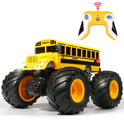 Remote Control School Bus Monster Truck Toy,1/18 RC School Bus,2.4GHz Offroad Hobby RC Racing Car with LED, High Speed All Terrain Electric Toy Vehicle Stunt Crawler, Best Gift for Kids