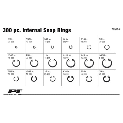 Performance Tool W5254 300-Piece Internal Snap Ring Assortment Kit | Spring steel retaining rings with black oxide finish. 18 sizes from 1/8 to 1-1/4 inch. Organized storage case - size: 300 pc. Internal Snap Ring