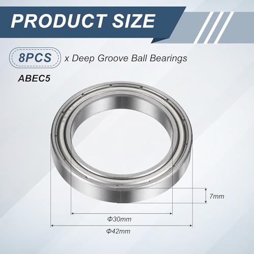 uxcell 8Pcs 6806ZZ 30mmx42mmx7mm Deep Groove Ball Bearings, Double Metal Shielded Bearing Steel ABEC5 High Performance for Industrial Machinery Precision Transmission, Silver - size: 6806ZZ 30mmx42mmx7mm