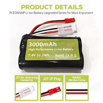 sea jump 2PCS 7.4V 3000mah 15C 2S Li-ion Battery with JST-2P Plug and 2in1 Charger for UDIRC UD1601 UD1602 SG1603 RC Car 1/10, 1/12, 1/16 Ratio RC Car Truck RC Ship Drone Engineering Vehicle Battery