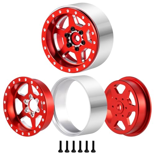 1.3inch Aluminium Beadlock Wheel Hub Rims for Axial SCX24 TRX4M 1/18 1/24 RC Crawler Car Upgrade Parts (Red) - color: Red