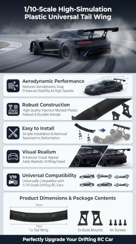 RC Car Tail Wing, Drifting RC Wing with Base Mount and Screws, 1/10 Scale Spoiler for RC Enthusiasts, Hobbyists, and Drift Racing Models