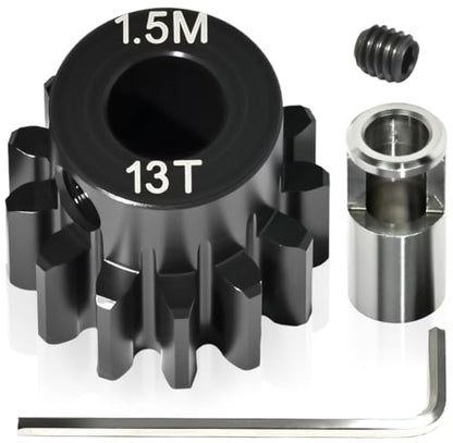 M1.5 13T Pinion Gear 8mm Bore with 8mm to 5mm Shaft Adapter Sleeve, Chromium Steel Motor Gear with Set Screw & Hex Key for Traxxas ARRMA Losi 1/5 1/8 RC Cars - size: 13T