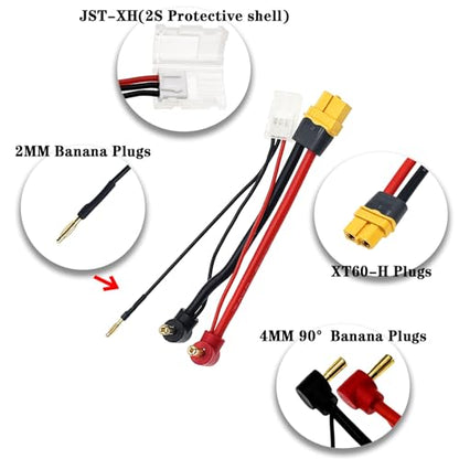 2PCS RC Lipo Battery Charging Cable T-Plug XT60H Female to 4mm 90° Bananna Plug with Balanced Charge Connector 12AWG Wire(10CM)