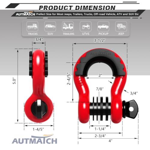 AUTMATCH 3/4" D Ring Shackles (2-Pack) - 41,887 lbs Break Strength | Clevis Shackle with 7/8" Pin & Isolator Washer Kit for Tow Strap, Winch, Towing & Off-Road Vehicle Recovery, Red & Black - color: Red & Black