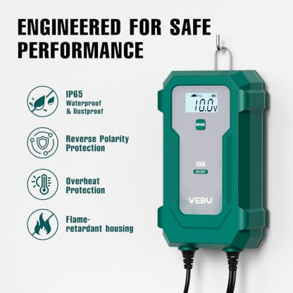 10A 6V/12V Smart Battery Charger- Automatic Maintainer, Trickle Charger & Desulfator with Overcharge Protection, Plug & Play Design for Lead-Acid & LiFePO4 Batteries - size: 10 A