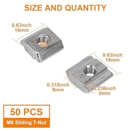 50pcs M6 Sliding T-Nuts for 3030 8mm T-Slot Aluminum Extrusion | Hammer head sliding T-nuts(M6). Carbon steel, nickel-plated. For 3D printers, CNC, laser engravers - size: 50pcs M6 Sliding Nuts