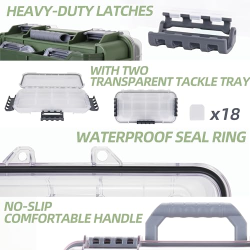 RUNCL Universal Fishing Tackle Box with Two Small Tackle Tray, Removal Inside Design Waterproof Trunk Storage Box, Thicker Floating Airtight Stowaway, Xmas Surprise Fishing Gifts for Men Women - color: Green