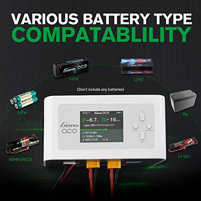 Gens Ace Lipo Battery Charger Imars Dual Smart Lipo Charger 15A AC 200W DC 600W RC Charger（White）