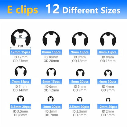 420‑Piece 2.0 mm–12 mm External Retaining Ring & E/C‑Clip Set – Carbon Steel Circlip Assortment Kit