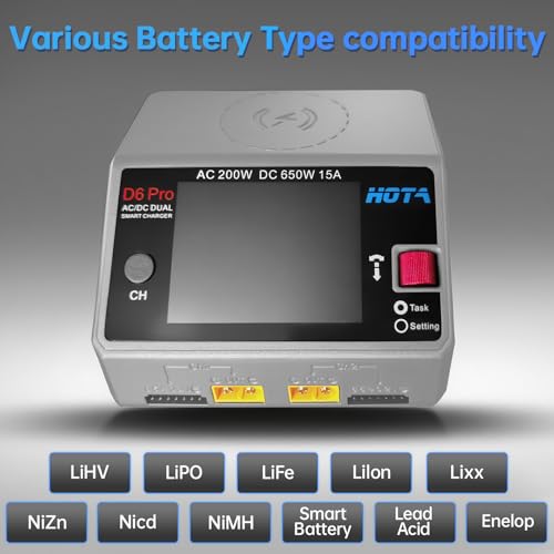 HOTA D6 Pro Lipo Battery Charger Dual Channel Smart Charger AC200W DC650W 15A for LiHv Nicd NiMH Lipo RC Battery Charger with Balance Phone Wireless Charging RC Car RC Boat FPV Race Drone Parts (Gray)