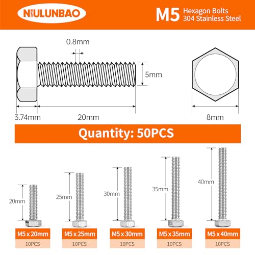 M5 x 20mm 25mm 30mm 35mm 40mm Heavy Duty Hexagon Bolts Hex Head Screws, 304 Stainless Steel, Metric Fully Thread, Machine, Bright Finish, Assortment Kit 50PCS - size: M5 x 20/25/30/35/40mm (50PCS)